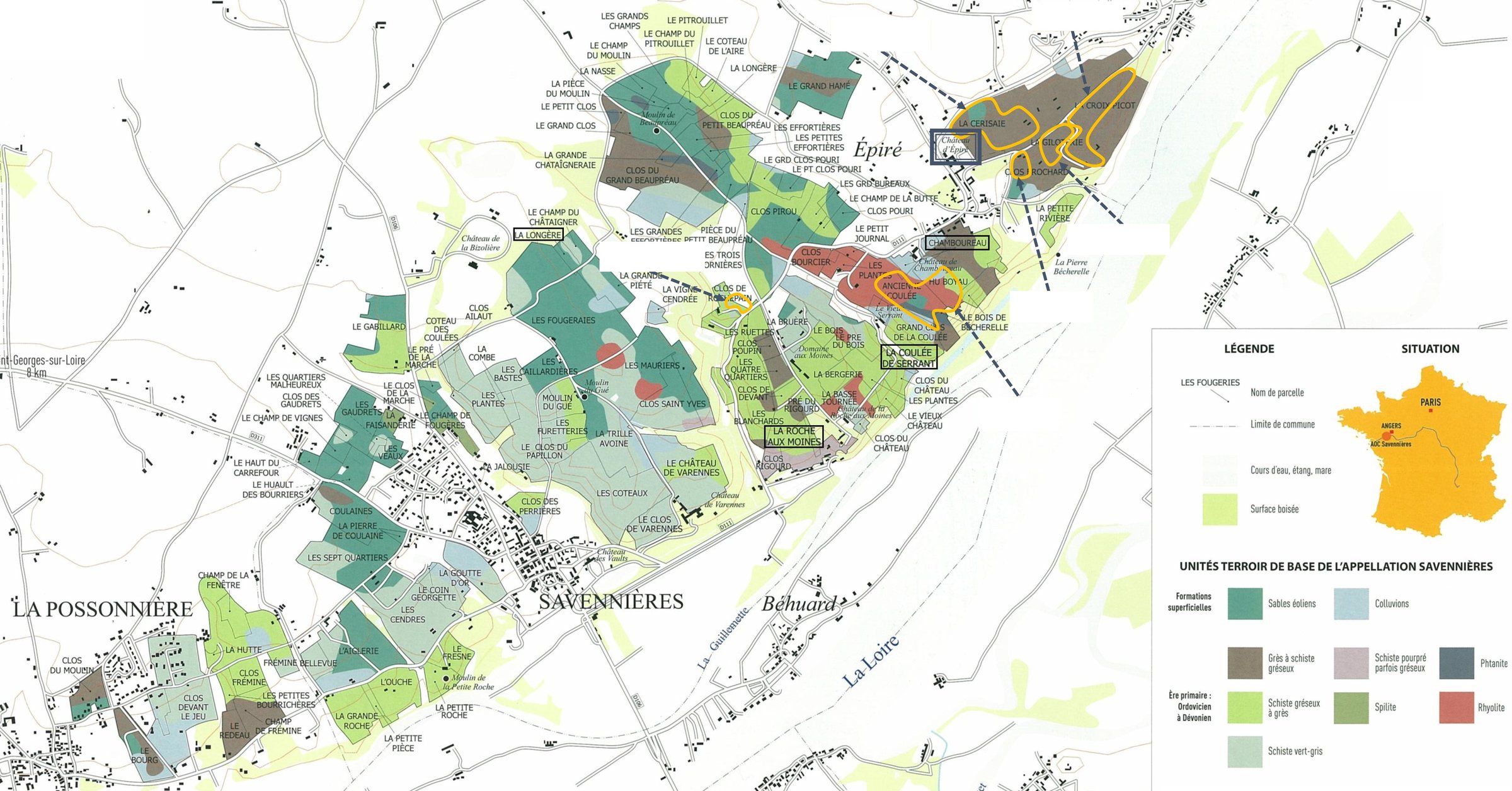 Savennières · Lieux-dits and soils map
